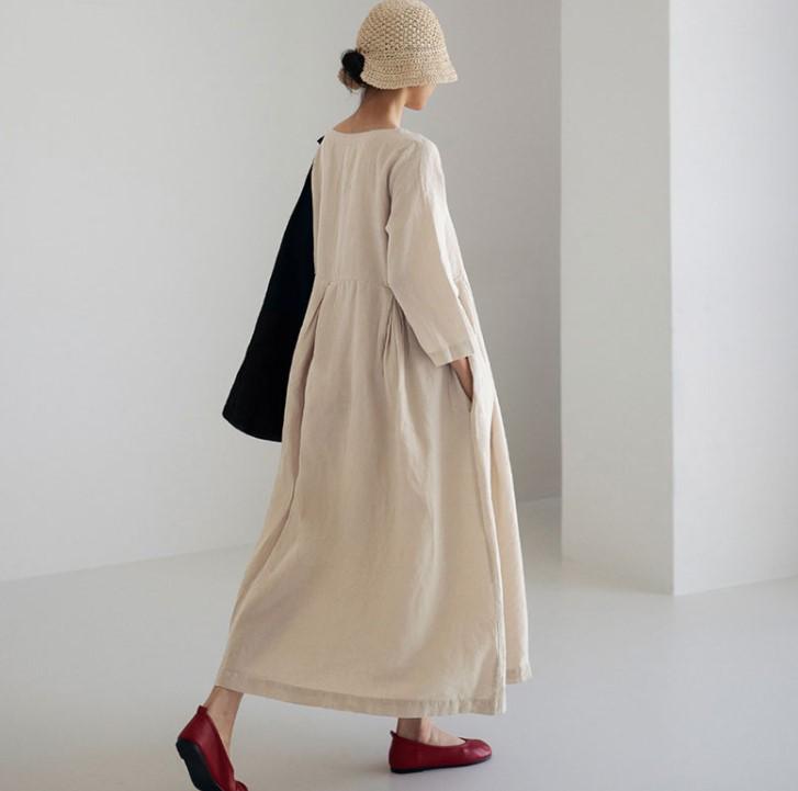 2024 Oversized Plus Size Cotton Linen Dress, Round Neck, Solid Color Swing Skirt - Japanese Korean Style