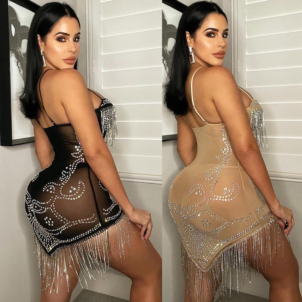 Summer Women's Sexy Diamond Tassel Mesh Dress