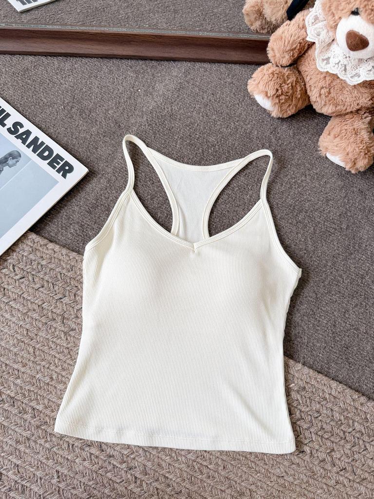 Women's Early Autumn Cutout Shoulder Sleeveless Camisole with Integrated Cups and Chest Pad - New Hot Girl Style