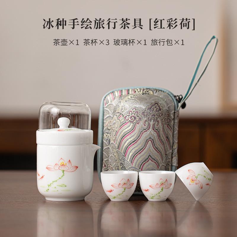 Ice Translucent Hand Painted Quick Cup Set 1 Pot 3 Cups Dehua White Porcelain Travel Tea Ware Portable Underglaze Brewing Pot