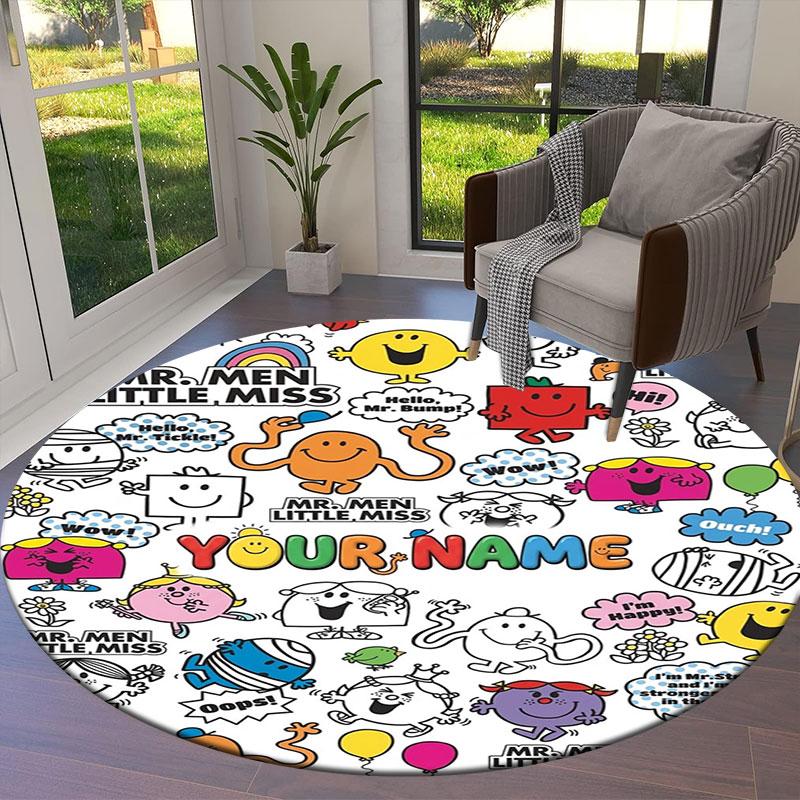 Mr. Men Little Miss Custom Name Round Area Rug,Carpet Rug for Living Room Bedroom Sofa Playroom Decor,Non-slip Floor Mat