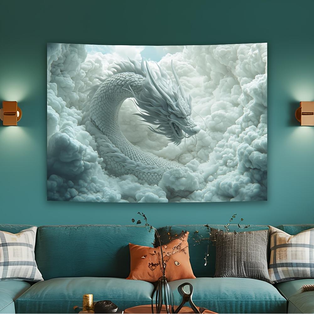 1 Stück Drache in den Wolken Wandteppich mit komplexem weißem Drachenmuster, Polyestergewebe, geeignet für Wohnzimmer, Schlafzimmer
