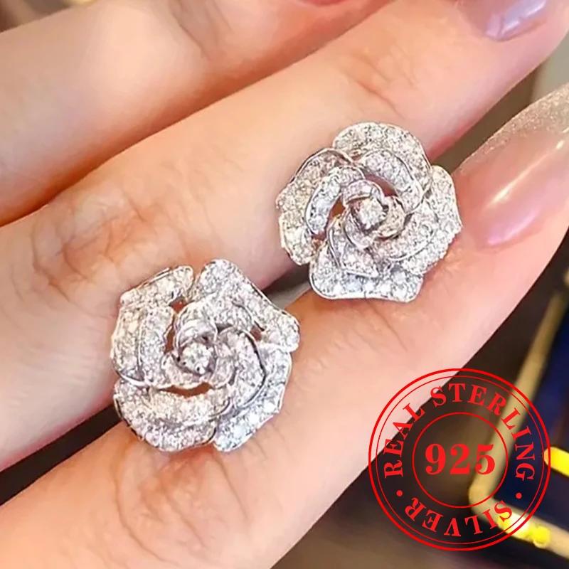 Gorgeous Stud Earrings  Sterling Silver Dazzling Exquisite Flower Design Accessory Luxury Trendy Bridal Jewelry Gifts