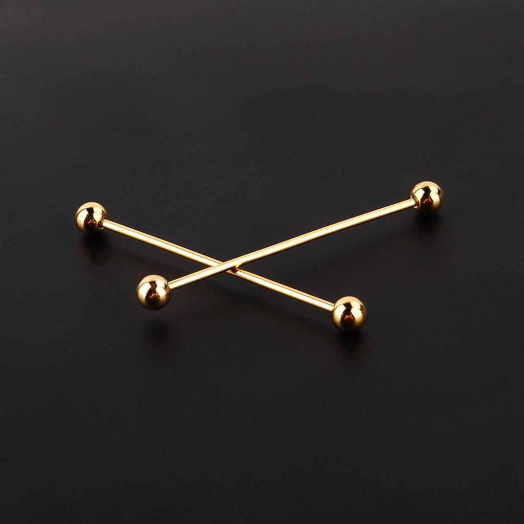 2 Pcs Men Gold Plated Tone Steel Collar Tie Pin Stud Barbell Bar Clip Clasp Brooch 6CM