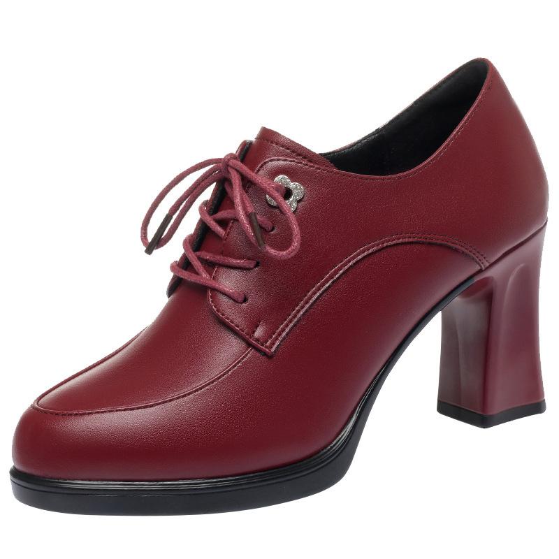 2026 new women's shoes spring and autumn single shoes women's high heels sub-lace-up women's leather shoes