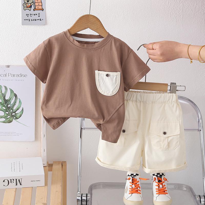 Boys  Summer 2026 Retro Short Sleeve Two-Piece Set: Thin Pure Color with Button Pocket 120cm-XXL