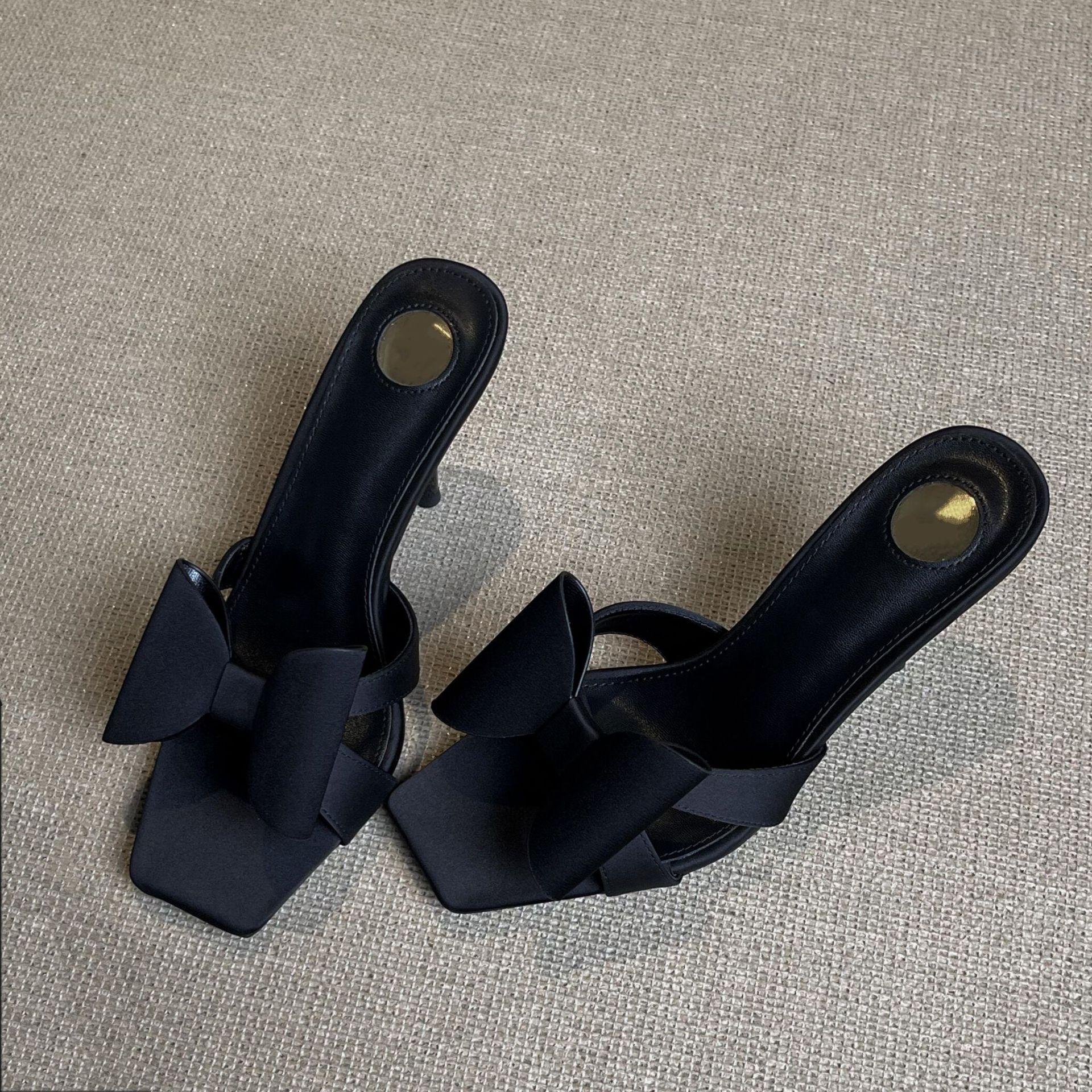 

2025 new silk square head fashion versatile high-heeled sandals femininity bow sexy open-toed sandals 40