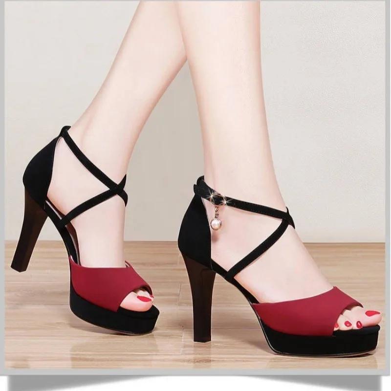 

Fashion 2025 Summer Peep Toe Women s Sandals Fashion Buckle Strap Office and Career New Solid Best Seller Comfortable Heeled Sandals 34 красный