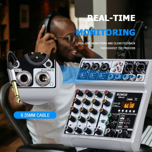 BOMGE Audio Mixer, 5-Channel Digital USB Bluetooth Soundboard Mixing Console with Echo Delay Effects, 48V Phantom Power Stereo DJ Mixer for Recording,