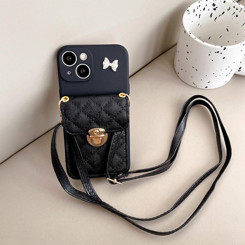 For IPhone17Promax Bow Phone Case for Apple 16 Lock Wallet Fine Hole Anti-fall Crossbody Leather Cord