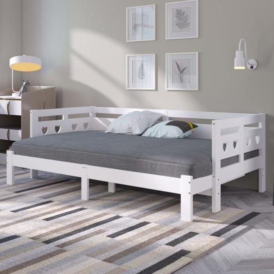Pull-Out Bed Daybed, Bed, 90 X 200cm, Solid Pine, with Second Children Sleeping Space And Roll-Up Slatted Frame, Heart-Shaped White Flat