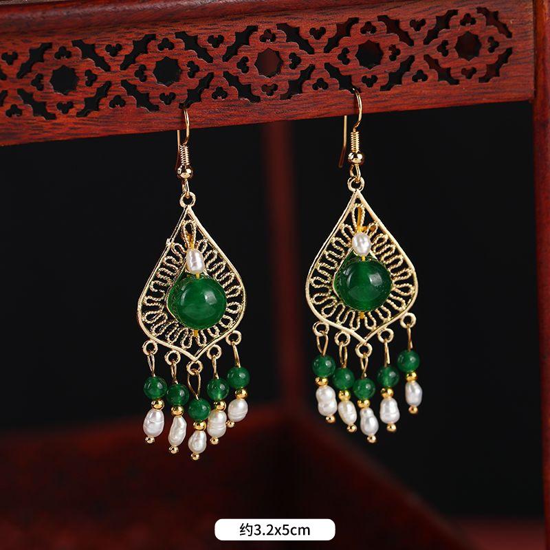 Antique earrings women's versatile temperament agate pearl long earrings retro jade fringed earrings
