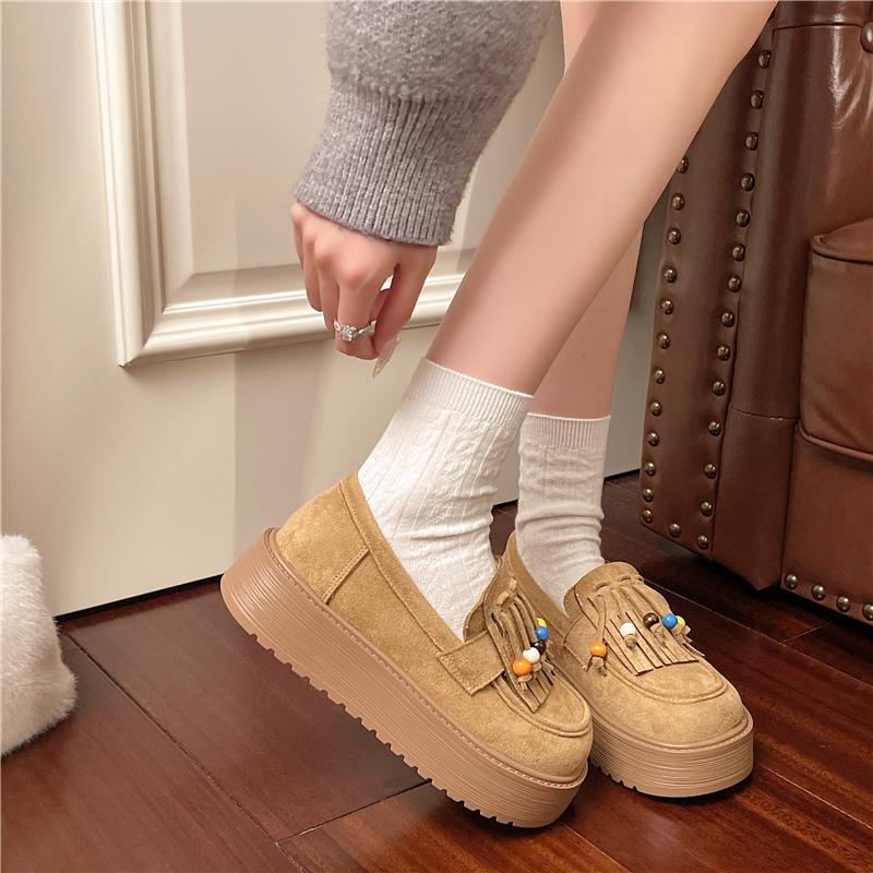 Fashion Loafers Autumn New Round Toe Deep Mouth Suede Tassel Slip-on Platform Non-Slip Wear-Resistant Single Shoes