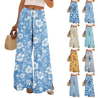 Women Summer Boho Palazzo Pants High Waist Wide Leg Floral Printing Casual Trousers With Pockets