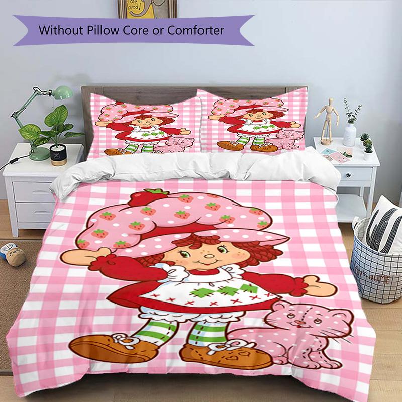 3pcs Princess Strawberry3 Design Cover Set - HD Printed Bedding with 1 Cover and 2 Pillowcases - Perfect for Home and Dorm Decor