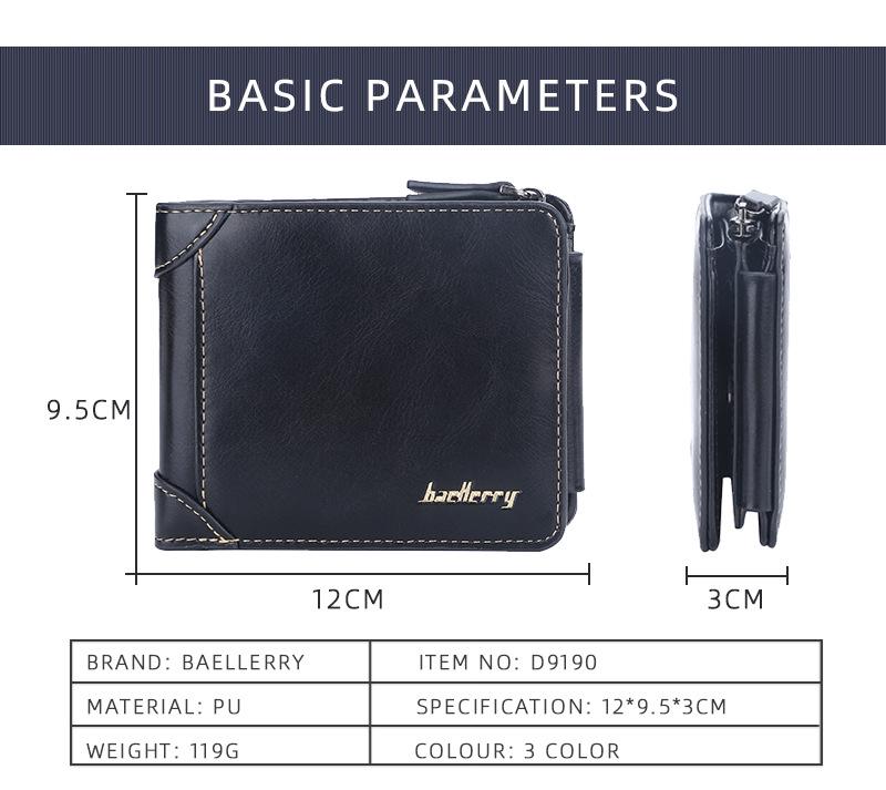 Baellerry Men's Retro Trifold Leather Wallet with Multi-Card Slots and Zipper