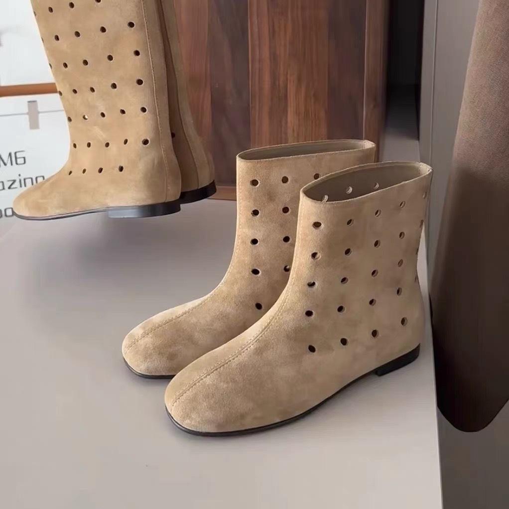 Round Head Hollow Fashion Medium Boots Autumn and Winter Leather Martin Boots Suede Boots