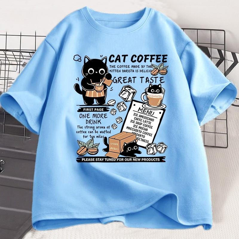 Funny Cat Make Coffe Print T Shirt for Unisex WOMEN Tshirt Summer Loose Cotton Short Sleeve Trendy Y2k Tops Unisexs Designer Clothes
