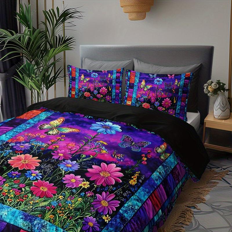 3pcs Butterfly Floral Bedding Duvet Cover Set Vibrant Garden Bedding Quilt Set Patchwork Themed Bed Quilt Set Night Garden