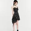 New Women's Black Floral Slip Dress Thin Strap Waist Cinching Bustier Dress Irregular Ruffle Hem Gothic Short Mini Skirt Subculture Girl Party Outfit
