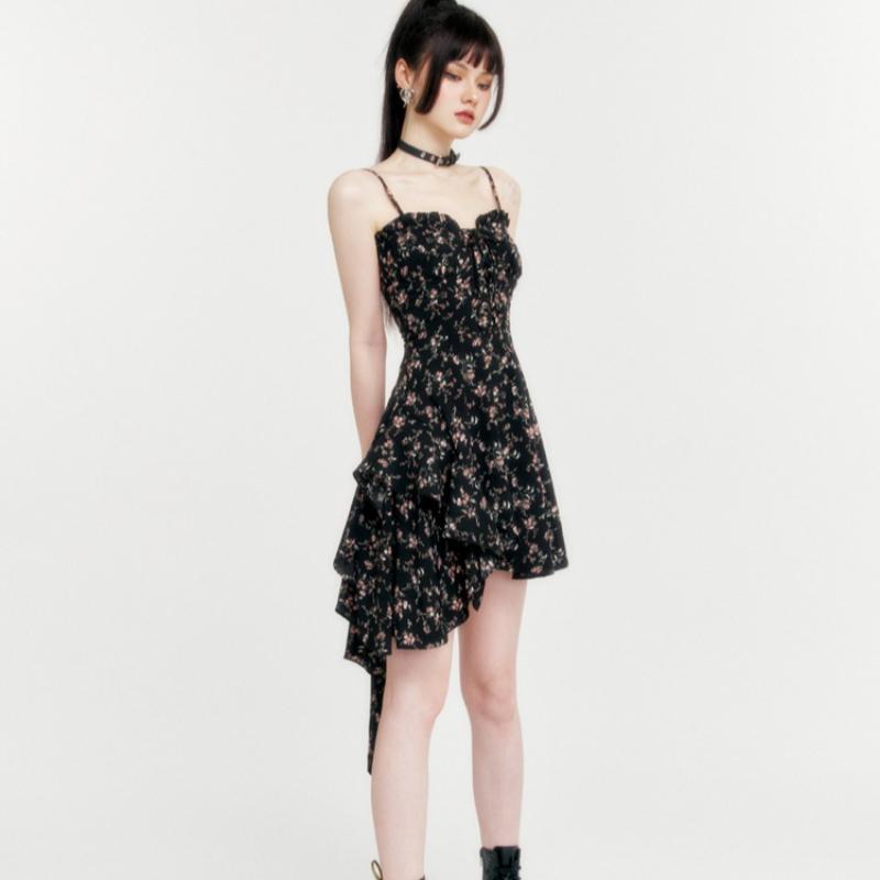 New Women's Black Floral Slip Dress Thin Strap Waist Cinching Bustier Dress Irregular Ruffle Hem Gothic Short Mini Skirt Subculture Girl Party Outfit