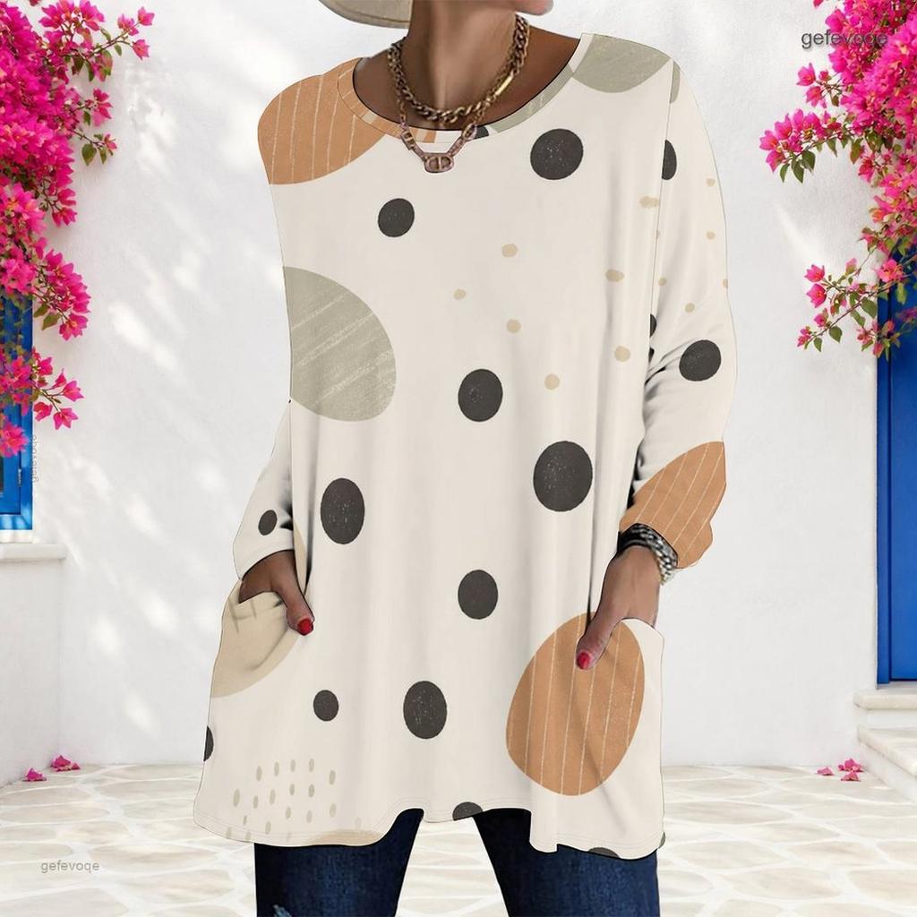 Women Plus Size Round Neck Long Sleeve Polka Dot Printed Loose Longline T Shirt With Pockets