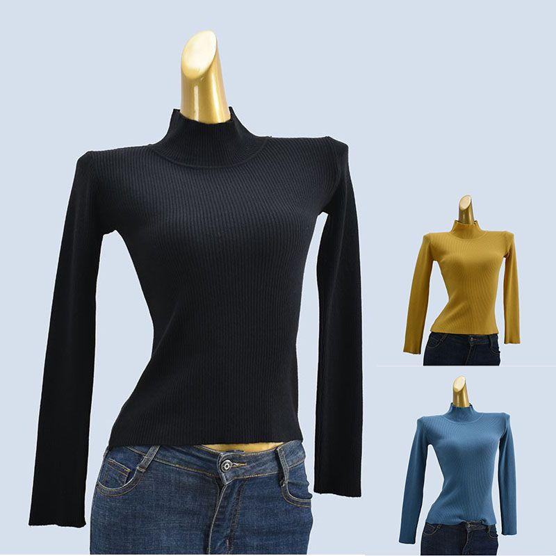 Half-High Collar Short Slim Long Sleeve Stretch Plaid Soft Glutinous Pure Color Knitting Sweater Bottoming Shirt Women's Clothing Easiest for Match