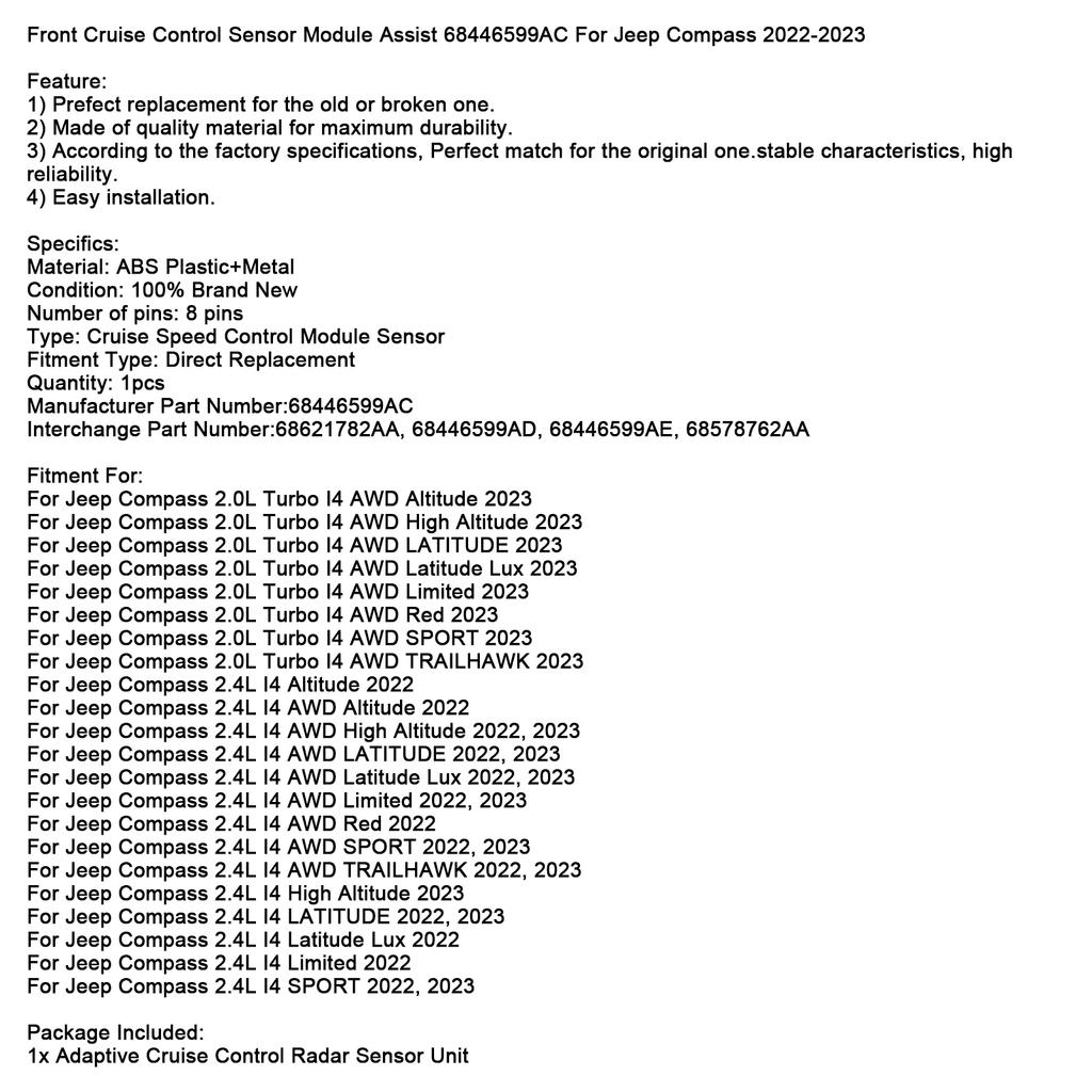 Front-Tempomat-Sensormodul Assist 68446599AC Für Jeep Compass 2022-2023