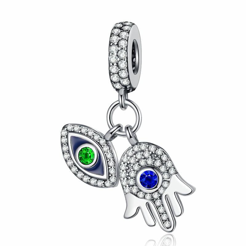 Sparkling Hamsa, All-Seeing Eye & Feather Three-Sided Charm Beads Fit Original Bracelets Accessories Diy Jewelry Gifts