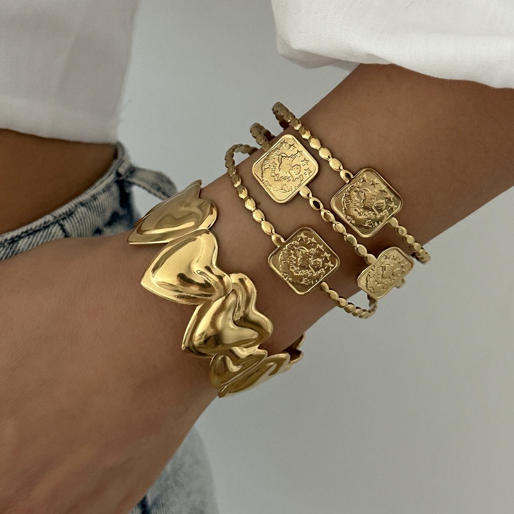 Vintage Stainless Steel Flower Heart Bracelet For Women Gold Color Irregular Geometric Cuff Bangles Bracelets Aesthetic Jewelry