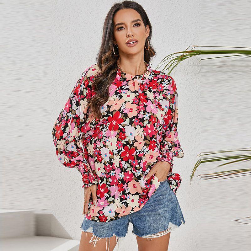 

European and American Personalized Floral Long Sleeves Thin Chiffon Blouse Women 2024 Summer New Arrival 3/4 Sleeve Florals Print Pullover Floral P620 Size S fit (45.00 kg-55.00 kg