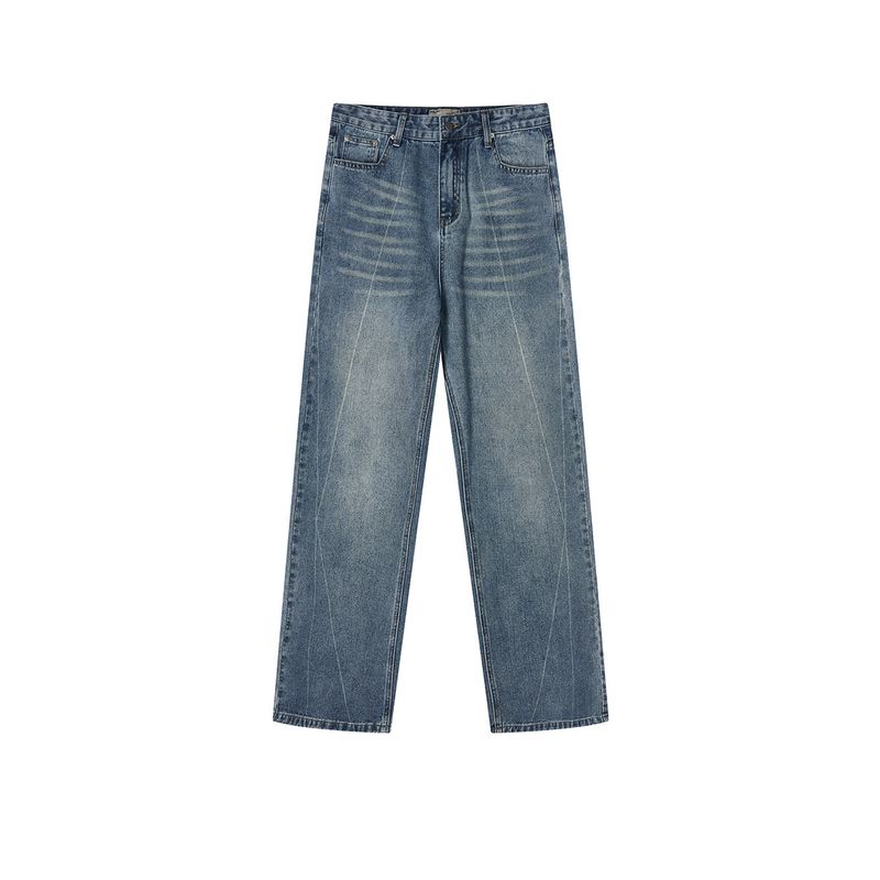 Harsh and Cruel American Retro Heavy Industry Washed Hand-Rub Color Lines Straight-leg Loose Denim