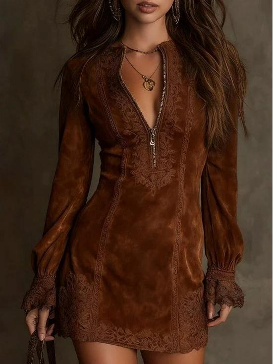 2026 Sexy Slim V-neck Embroidered Long Sleeve Dress