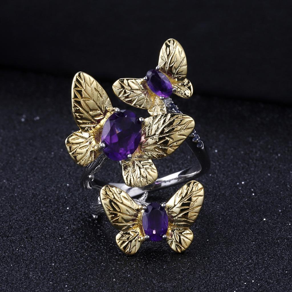 Original Designer High-end Gemstone Ring, Natural Butterfly Design 925 Silver Natural Amethyst Open Ring