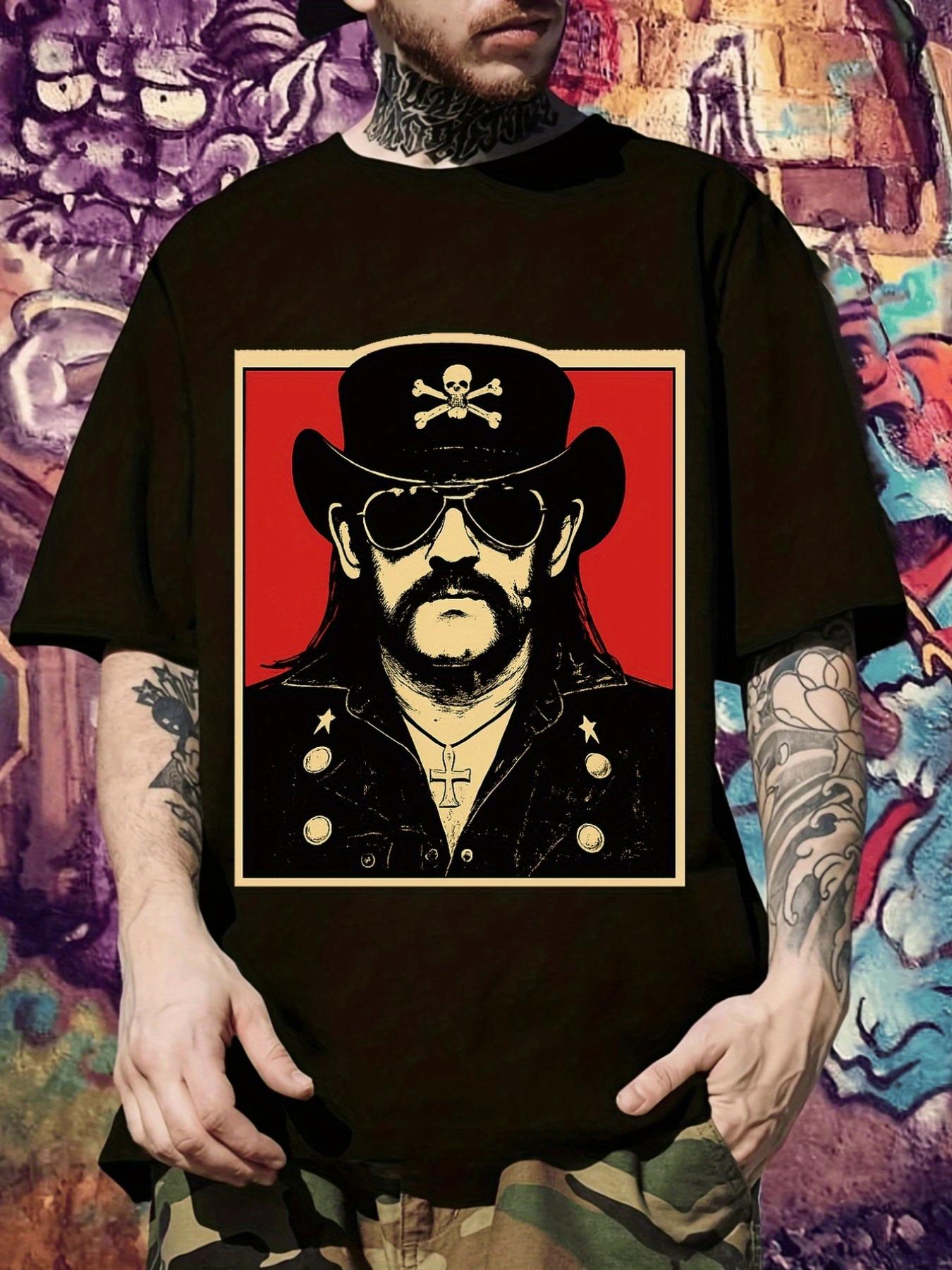 

Heavy Metal Graphic T-shirt - Rock Band Style Tee with Dark Pants & Red Background Design M