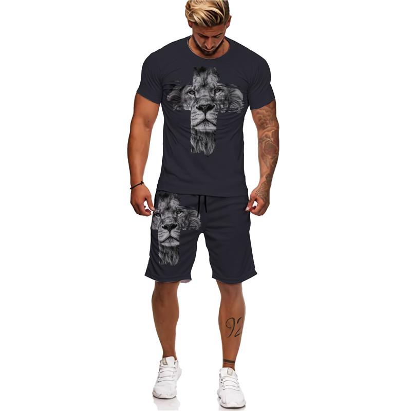 3D Jesus Loves Everyone Křesťanské tričko Léto Pánský oblek Krátký rukáv Šortky Lion Cross Print Streetwear 2 kusy Activewear