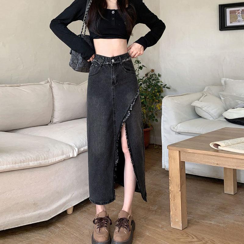 

Дизайн Розрізний Жіночий Необроблений Край А-силует Пряма З Високою Талією Неправильний Запах Стегна Міді Спідниця Універсальна Зручна Модна Джинсова Спідниця-Бюстьє 2XL чорний колір сірий