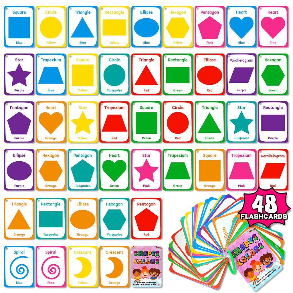 48PCS Geometry Cognitive Education Cards for Children's English Words Colors Shapes Flash Cards Enlightenment Educational Toys