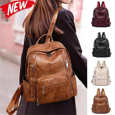 Ladies Vintage Soft Leather Large Capacity Backpack Multi-pocket Leather Student Backpack Travel Rucksack
