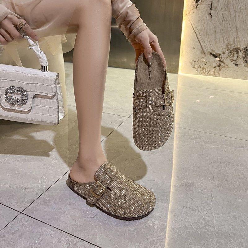 Thick bottom heightening comfortable casual one pedal full drill bag head half slippers women wear spring and autumn new
