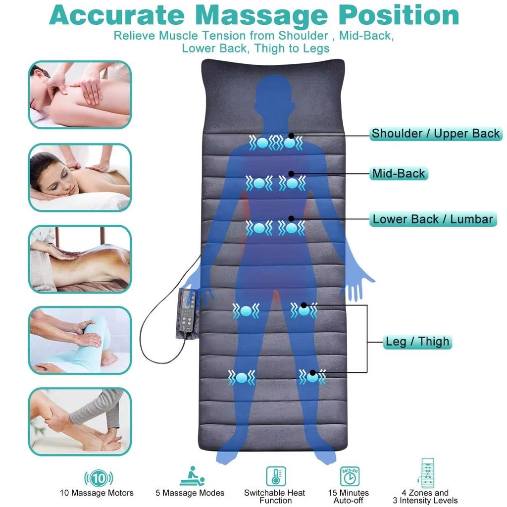 Memory Foam Ganzkörper-Massagematte mit Wärme Rückenmassagegerät mit 10 Vibrationsmotoren 6 Heizkissen Stuhlauflage für Nacken Taille Beine