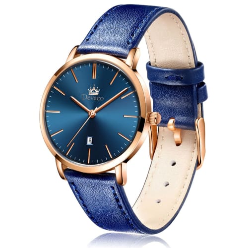 

Stylish women s wristwatch in blue, waterproof, ultra-thin, with a leather strap, analog, small, simple dial, easy to read, slim, lightweight, and per