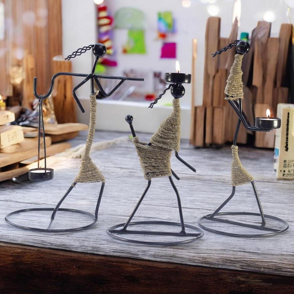 Eisen Teelichthalter Set – Handgefertigte Metallfiguren mit Juteschnur, 30 cm – Dekorative Kerzenhalter für Zuhause, Festivals und Geschenke