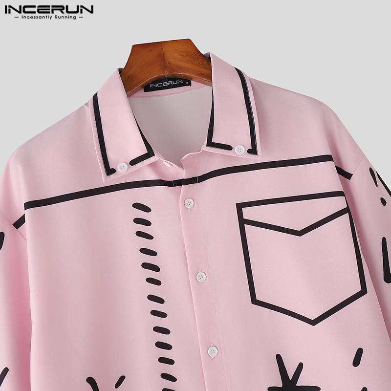 INCERUN Oversized Summer Men Lapel Neck 3/4 Sleeve Cartoon Print Casual Loose Shirts