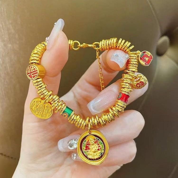 Ancient Sand Gold Enamel Yellow God Of Wealth, Entangled Bracelet, Five-Way God Of Wealth Small Fat Blessing National Style