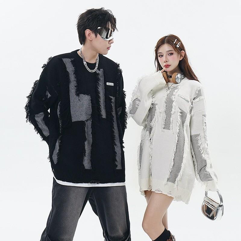 

Осенне-зимний новый трикотаж с рваной бахромой и небольшим лейблом, разделенный трендовый цвет