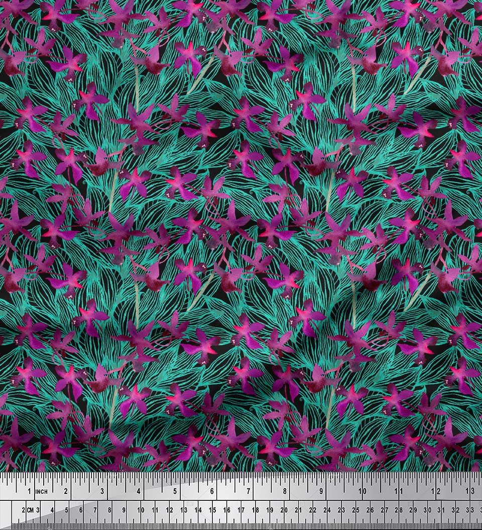 

Soimoi Black Japan Crepe Satin Ткань с акварельным принтом с цветами и листьями на метр 42 дюйма 42 Inch Wide - Poly Crepe чёрный