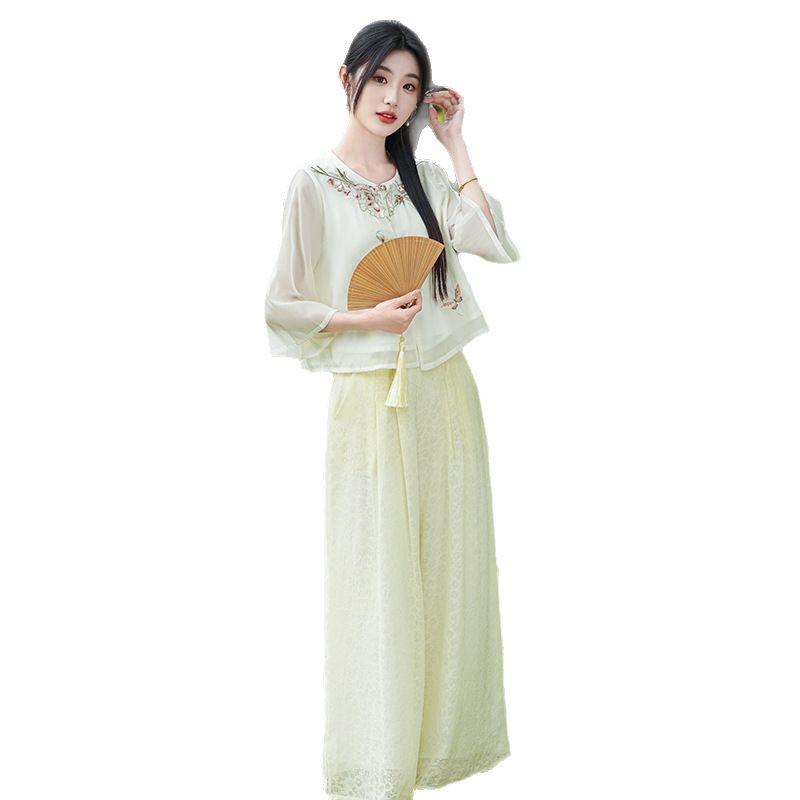 2025 Summer Retro Embroidery Tang Suit & Wide-Leg Pants Hanfu Set