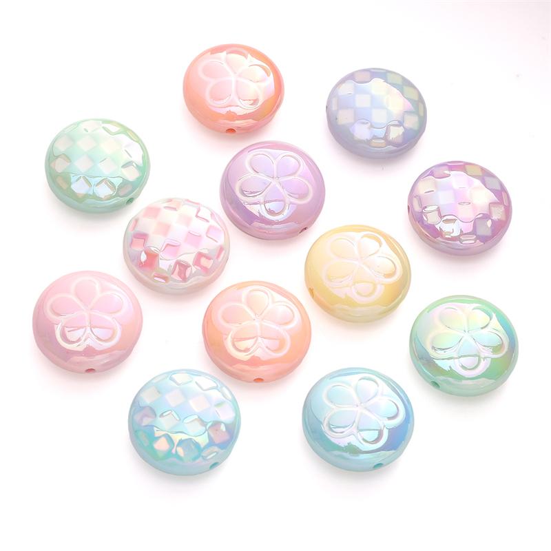 2pcs [25mm] Flat Round Acrylic Beads Plaid Flower Flat Beads For Jewelry Making DIY Pendant Keychain Crafts Findings