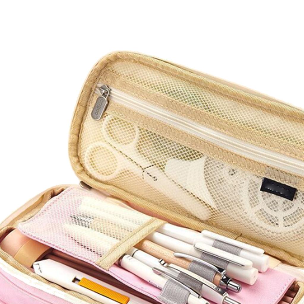 Pencil Bag 2 Tier Large Capacity Metal Zipper Mesh Pocket Portable Large Pencil Case for Students School Office Pink